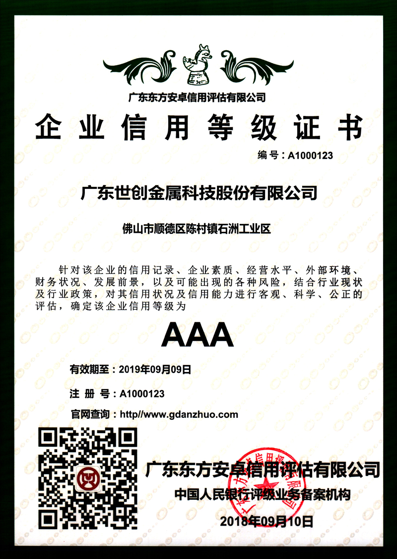 企业信用等级证书（2019中文）